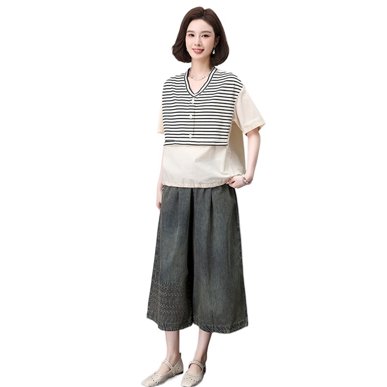 时尚条纹短袖上衣+阔腿裤套装显瘦百搭气质女装两件套,女装套装/套裙,叶笙衣