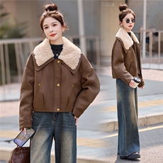 时尚羊羔毛大翻领加棉PU皮衣外套女2025冬季宽松洋气减龄短款棉服，女装棉衣/棉服，依如秀(原杭风阁)