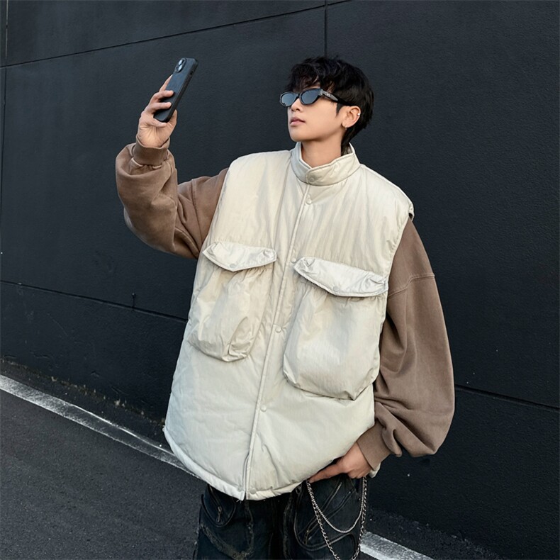 美式复古潮牌大口袋纯色马甲男宽松加厚保暖无袖坎肩棉服MJ51 P68图片