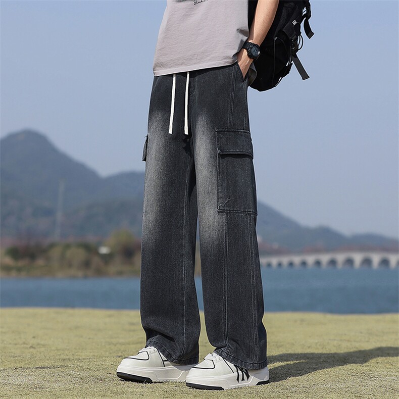 【现货】秋季新款美式复古工装口袋拼接宽松阔腿裤牛仔男816-P50图片