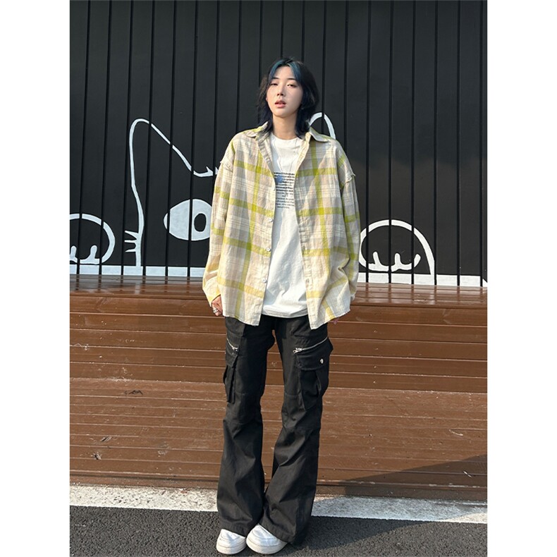 港风大码日系复古渐变刺绣翻领格子长袖衬衫XZ213-CS8811-P60控78,男装衬衫,星座213