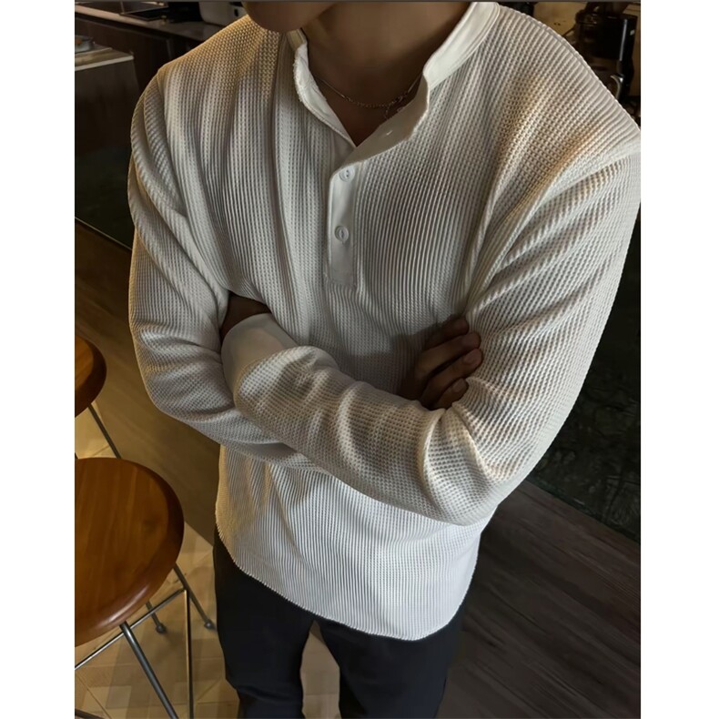 螺纹领口袖口高品质亨利领华夫格长袖衬衫T恤polo衫W2480-P40,男装T恤,星座1213