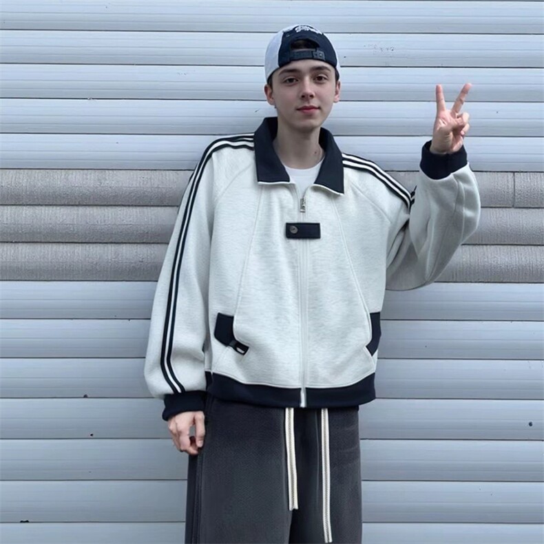 抖音得物品质秋冬美式高街重磅结构拼接织带翻领卫衣夹克外套W113图片