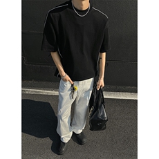 高品质二开240克宽松纯棉美式高街痞帅嵌线装饰短袖T恤特P22，男装T恤，电商A486-1