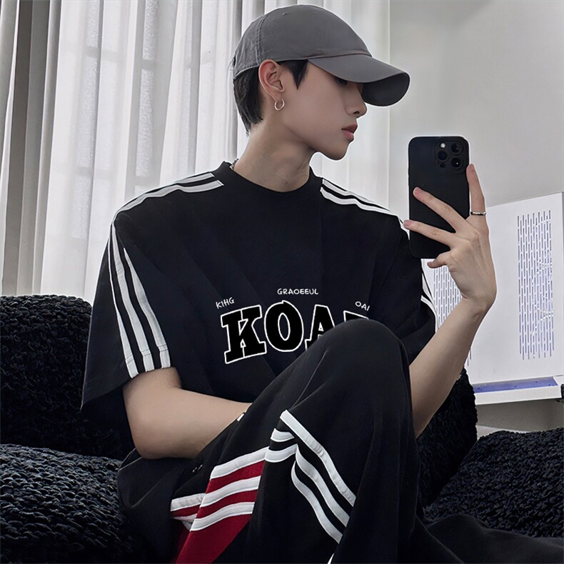 抖音得物高品质二开240克宽松纯棉美式潮牌三条杠织带短袖T恤，男装T恤，电商A486