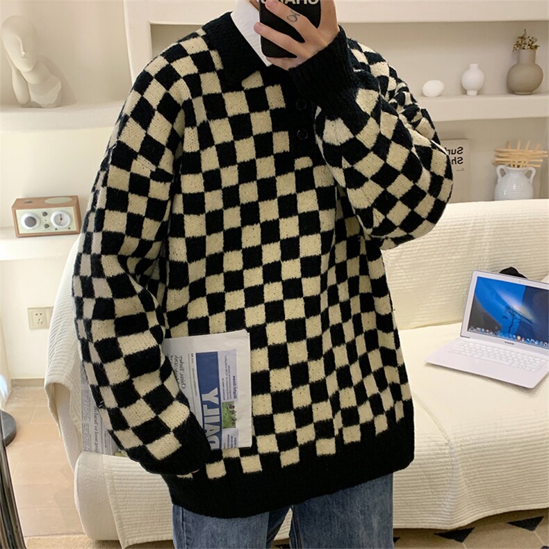 新款翻领棋盘格毛衣慵懒风宽松套头polo领针织衫现货M326-P44,男装针织衫/毛衣,星座512-4