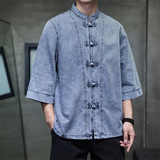 夏季牛仔七分袖衬衫盘扣立领上衣宽松大码男休闲CS2504-P7088，男装衬衫，电商A008