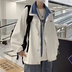 美式复古假两件拼接翻领夹克男潮牌宽松百搭痞帅休闲外套W05 P70图片