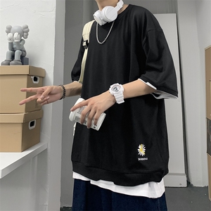 港风 T恤宽松假两件刺绣纯色五分短袖棉XZ1213-T1-P30图片