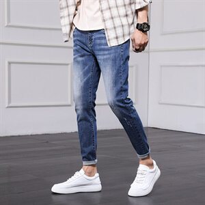 2021夏季潮男青年牛仔裤修身弹力休闲小脚九分牛仔裤男图片