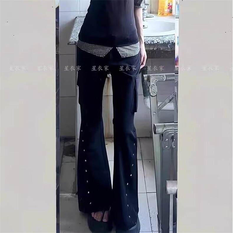 美式辣妹低腰修身黑色喇叭裤女街头酷飒拉链口袋工装牛仔裤,男装牛仔裤,星座506A
