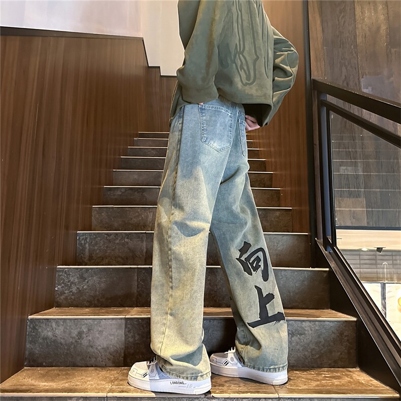 k1071-p55-控78 M-5XL 现货拉链宽松牛仔裤港风高阶黑暗牛仔图片