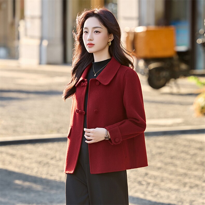 高级感红色毛呢外套女短款2025秋冬新款小个子翻领减龄双面呢大衣,女装毛呢外套,涵亦佰惠