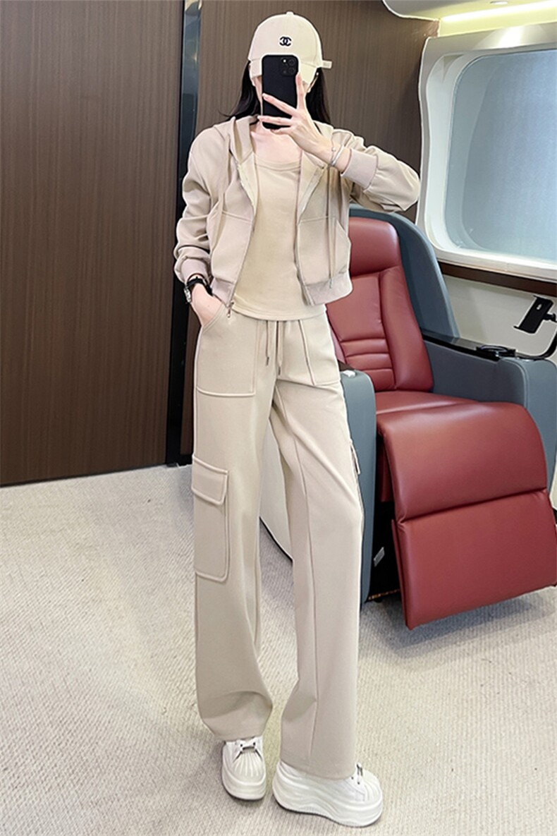 女秋时尚长袖圆领打底衣连帽外套阔腿裤三件套,女装套装/套裙,江南