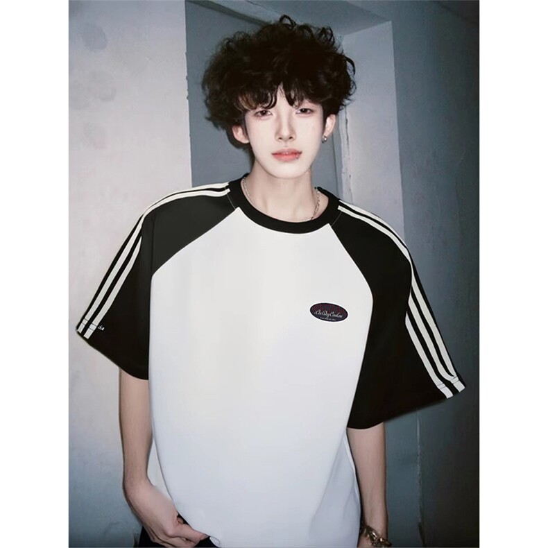 抖音得物品质二开240克宽松纯棉美式潮牌插肩三杠织带短袖T恤,男装T恤,电商A486