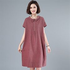 清仓捡漏专柜外贸剪标女文艺复古格子棉麻连衣裙宽松亚麻衬衫裙子，女装连衣裙，江忆布依