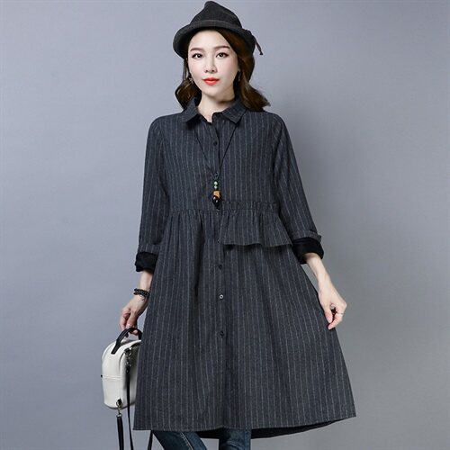 中长款2025冬季新款条子加厚衬衫常规直筒A版加绒长款衬衫裙外套，女装衬衫，风姿绰