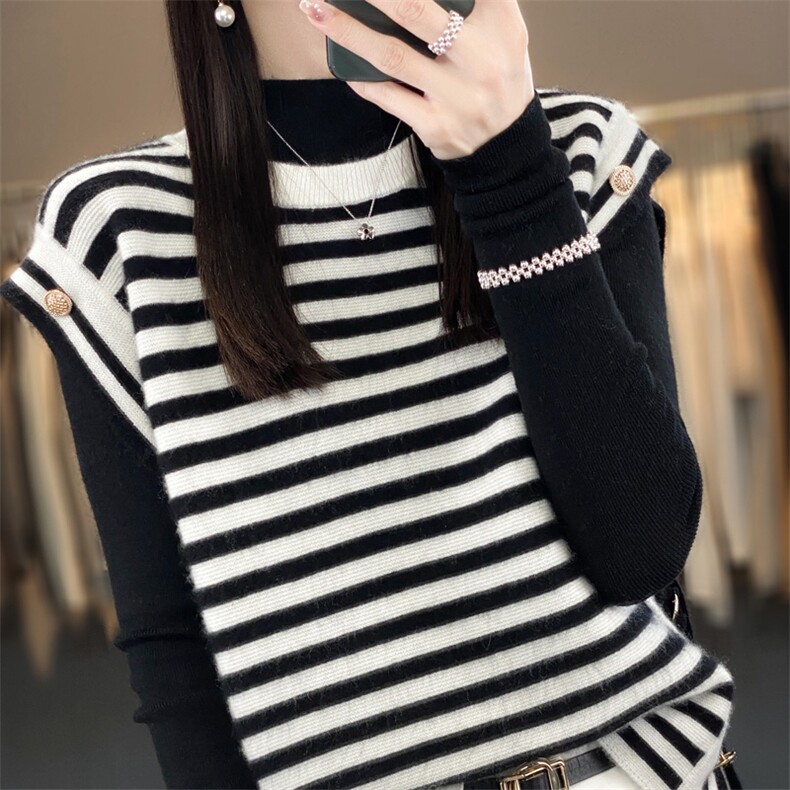 时尚条纹毛衣女宽松显瘦针织衫马甲,女装马甲,琳华羊绒