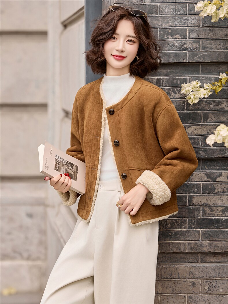 韩系高级感时尚百搭外套女2025冬季新款小个子皮毛一体羊羔毛,女装羊羔毛/颗粒绒,玖莱伊