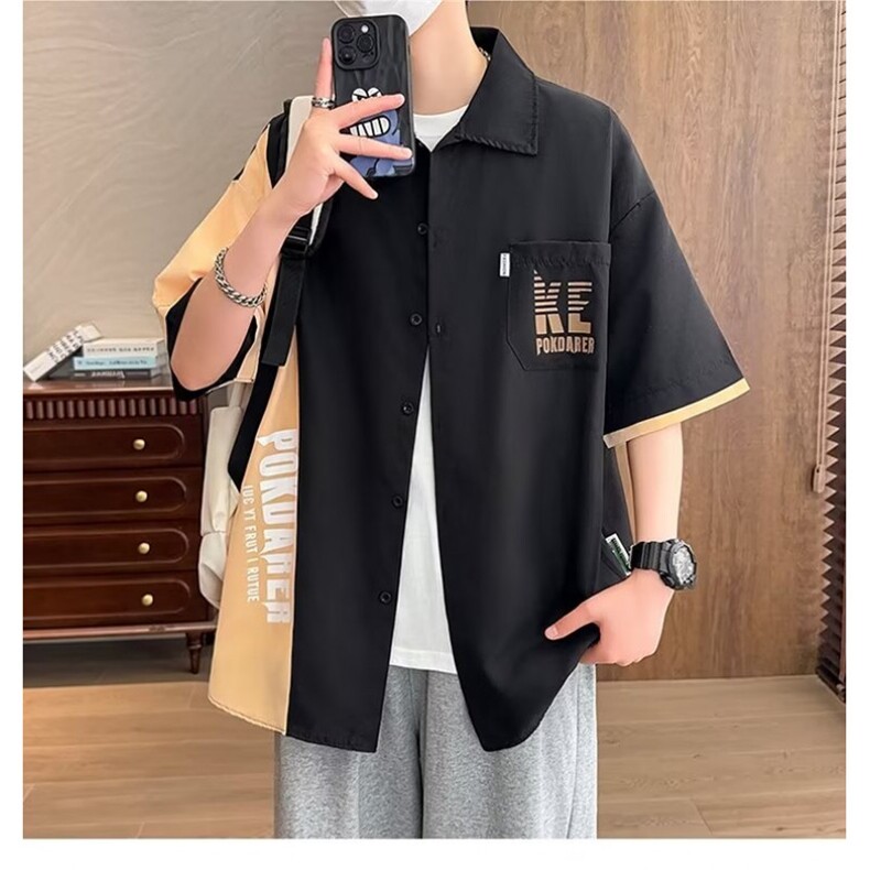 工装短袖衬衫男款夏季撞色宽松衬衣美式复古休闲潮流纯色拼接半袖,男装衬衫,星座1013