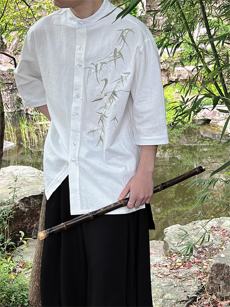 24夏季新款风新中式男生竹叶绣花立领盘扣衬衫T29-P65-控78,男装衬衫,电商A021