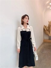 秋冬新款时尚韩版宽松拼色连衣裙，女装连衣裙，荷塘月色