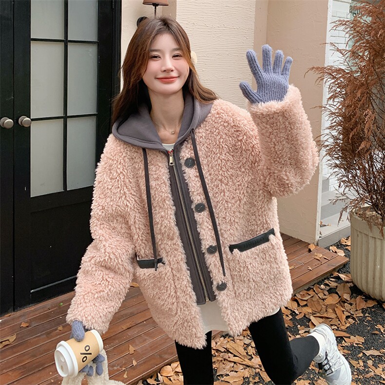 粉色假两件连帽设计感外套女秋冬2025新款奶fufu韩系皮毛一体棉服,女装羊羔毛/颗粒绒,浪娴服饰