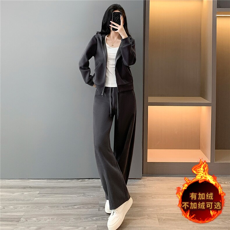 韩版时尚休闲套装修身显瘦连帽短款卫衣内搭白色背心阔腿裤三件套，女装套装/套裙，江南