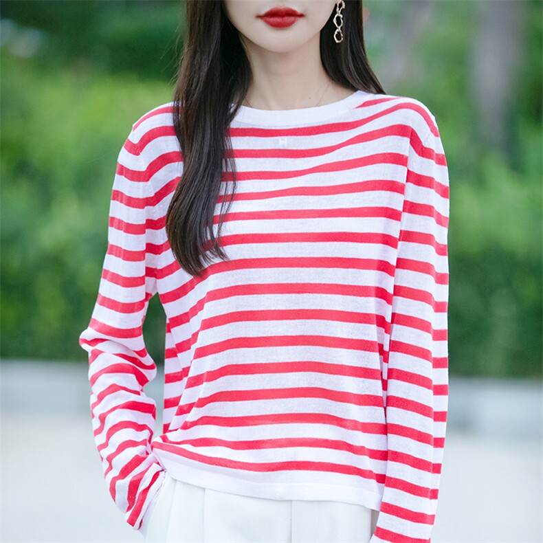 2025新款圆领条纹毛衣女宽松百搭长袖套头羊毛针织打底衫上衣T恤,女装T恤,佳绒包芯纱店