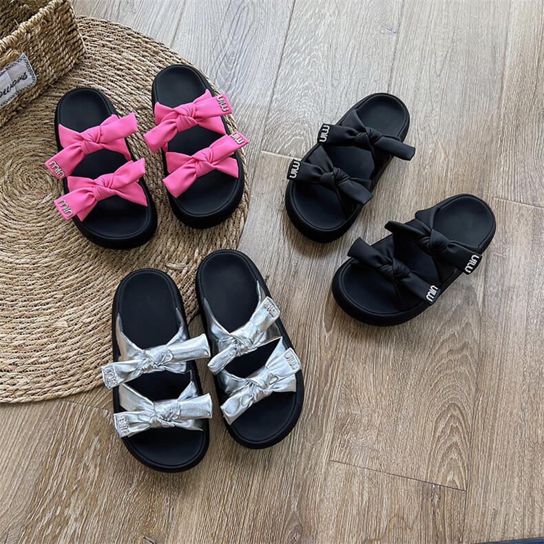 2024夏季新款蝴蝶结外穿拖鞋平底休闲时尚增高凉拖女百搭舒适半拖，女鞋拖鞋，电商A223