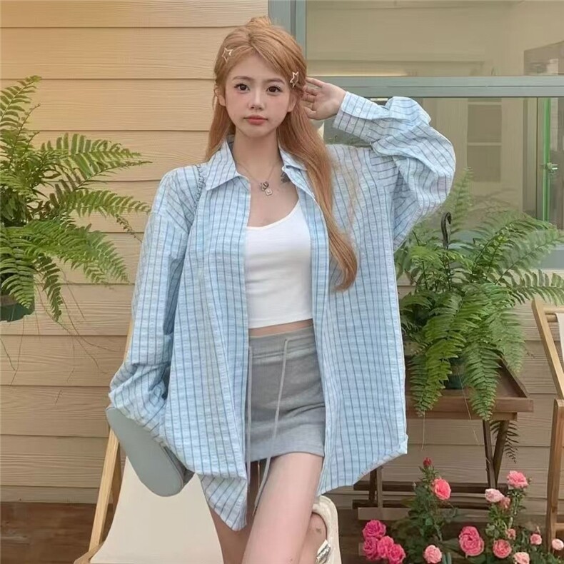 韩系设计感小众蓝色格子衬衫女防晒外套薄款宽松春夏潮牌长袖衬衣,男装防晒衣,星座1210-1