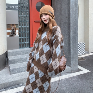 格子针织套装裙女秋冬季2025毛衣半身裙两件套 A609 P175 K258图片
