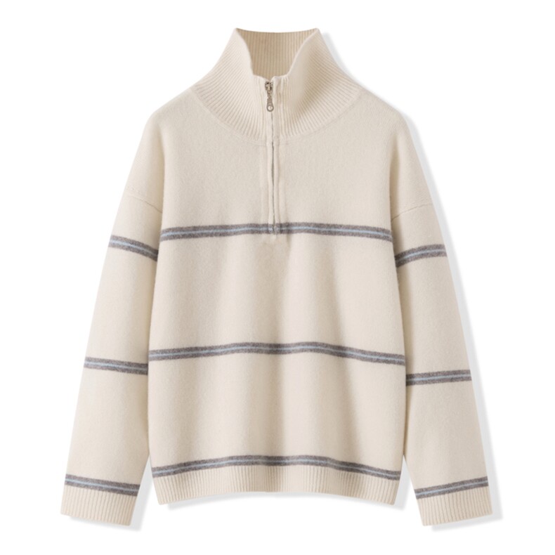 2025年秋季套头单件常规条纹落肩半拉链翻领，女装羊绒衫，昭美纯山羊绒