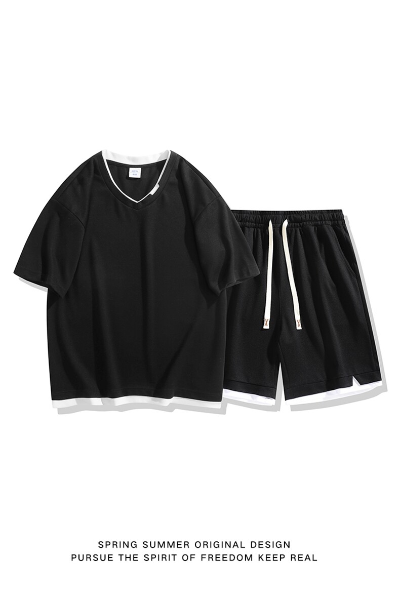 夏季运动套装日系白底休闲百搭时尚短套装CK2410+TC3138-P59控89,男装休闲套装,星座717