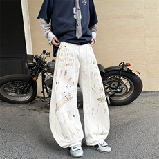 美式潮牌手绘白牛仔库男女直筒春夏时尚复古宽松弯刀，男装休闲裤，星座506A