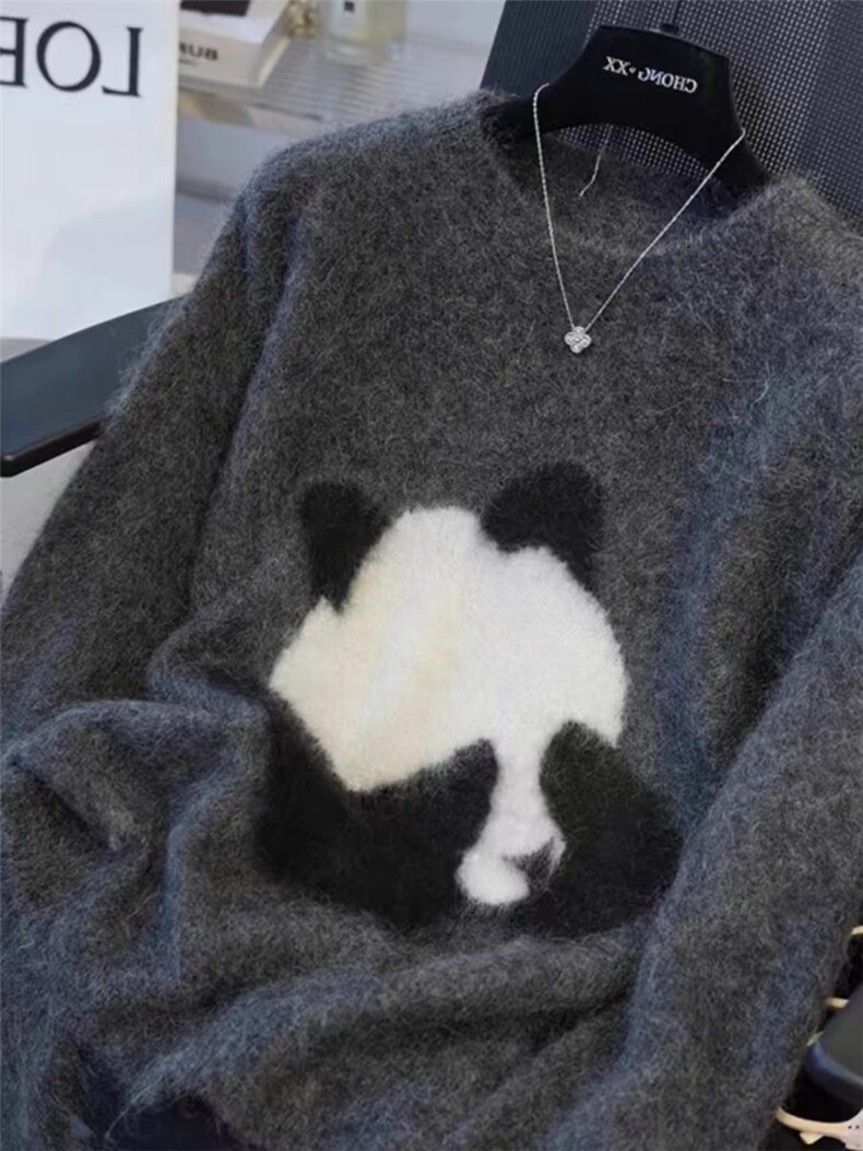 女士秋冬纯毛熊猫提花圆领简约休闲宽松毛衣,针织衫/毛衣,百纯羊绒