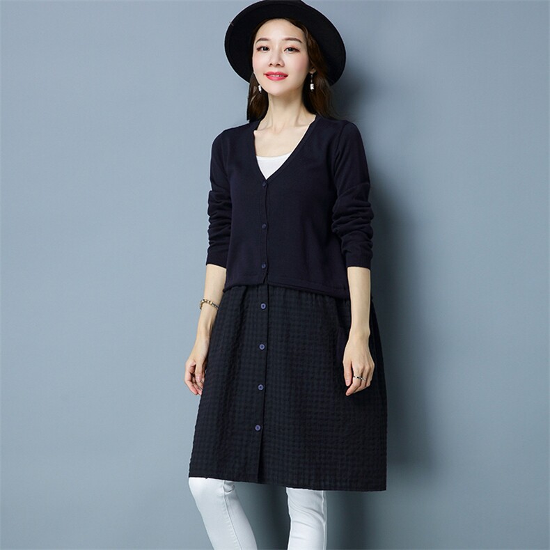 拼接印花纽扣中长款厚开衫长袖2020年冬季件排扣V领，女装针织衫/毛衣，独衣靓