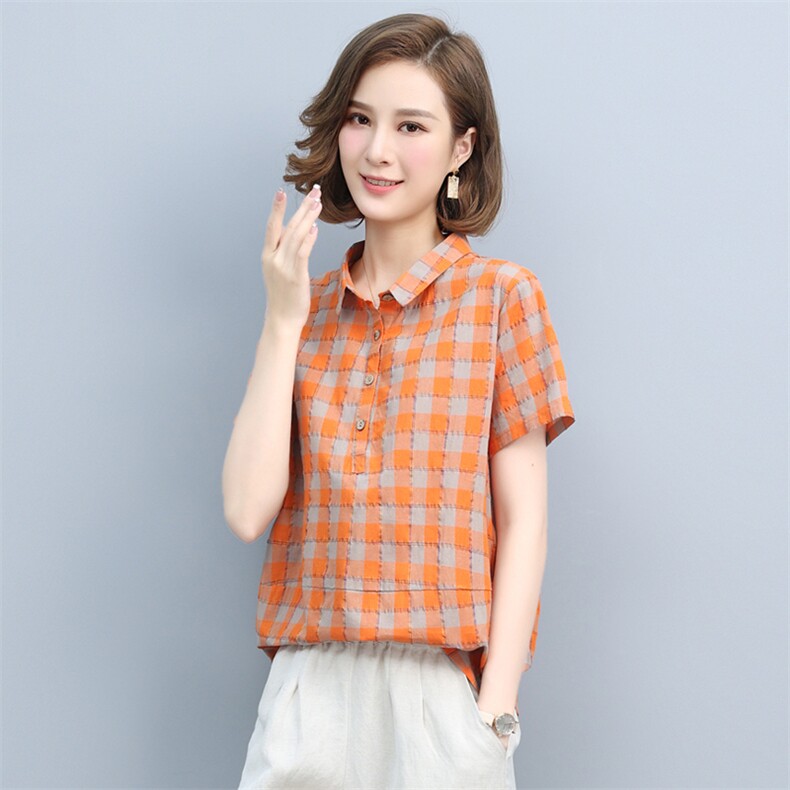 短袖格子衬衫女夏2021新款韩版宽松显瘦拼接套头百搭衬衣女上衣棉,女装衬衫,璐依舞