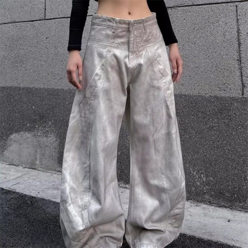 2025美式高街解构拼接设计感脏染白弯刀牛仔裤男女宽松阔腿长裤,男装牛仔裤,星座506A