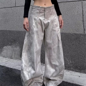 2025美式高街解构拼接设计感脏染白弯刀牛仔裤男女宽松阔腿长裤图片