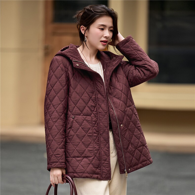 2025年冬季中长款连帽夹棉菱格棉衣棉服外套,女装棉衣/棉服,简韵佳