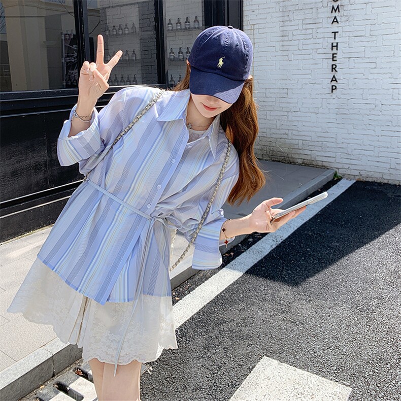 蕾丝拼接假两件衬衫女2025春季新款独特设计感洋气减龄小个子上衣,女装连衣裙,2C058
