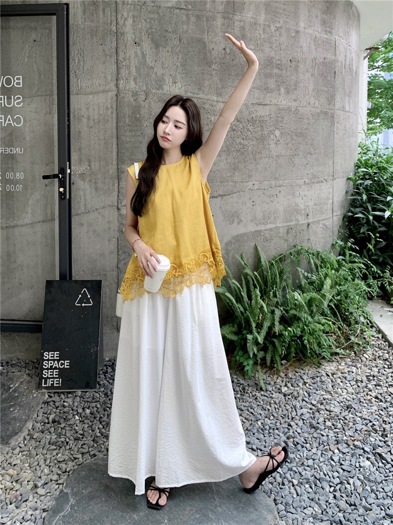 韩系蕾丝拼接背心套装女2025夏季新款时尚休闲阔腿裤百搭两件套,女装套装/套裙,蝶眷