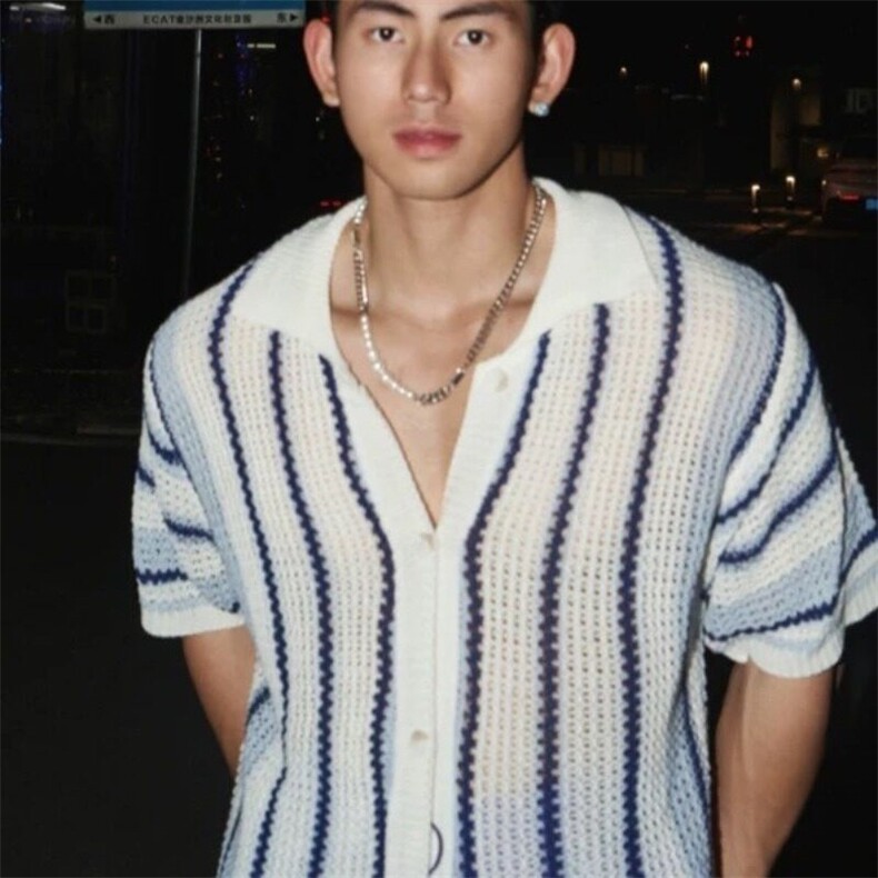 条纹针织衫女短款宽松设计感小众长袖小开衫外套秋季外搭v领上衣,男装衬衫,星座506A