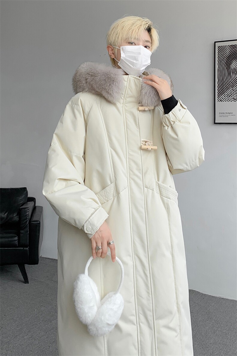 8XL-M90白鸭绒大毛领羽绒服男中长款过膝设计感牛角扣YRFC05P398,男装羽绒服,电商D206-1