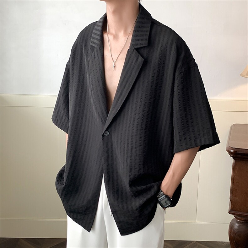 现货-潮牌冰丝凉感条纹短袖衬衫男夏宽松五分袖衬衣-AC23067-P65,男装衬衫,电商A351