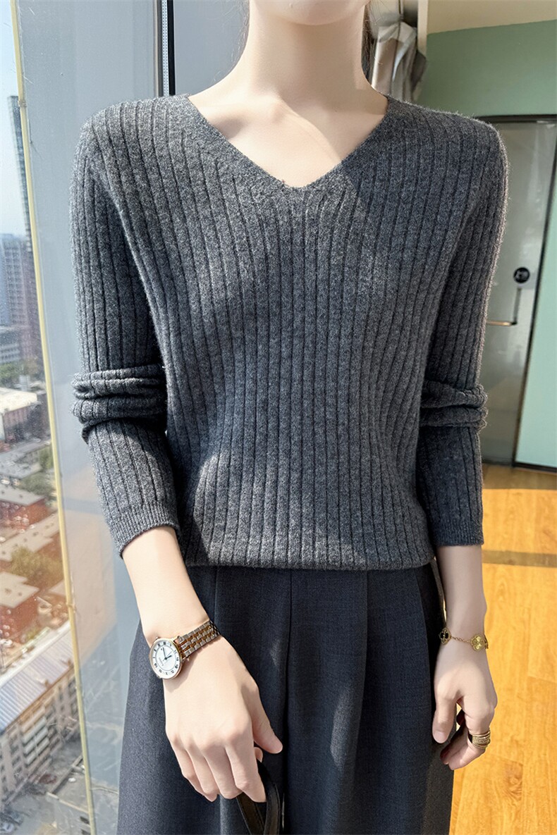 V领羊毛衫秋冬新款坑条修身针织打底套头毛衣女,女装羊毛衫,君贝羊绒