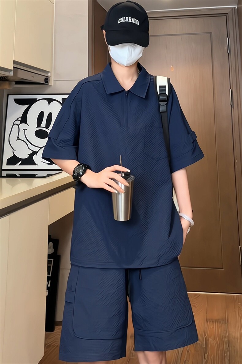 量大优供视频泡泡纱polo衫套装短袖短裤男CP77TZ-特p50,男装牛仔裤,电商B371