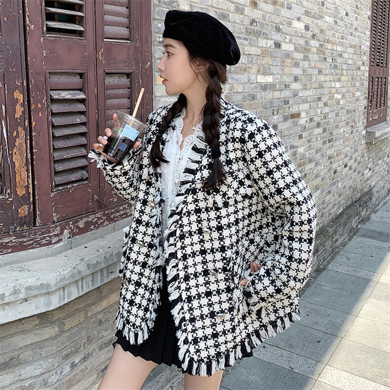 高级感流苏黑白格子千金小香风外套女2025春秋超好看气质夹克上衣图片