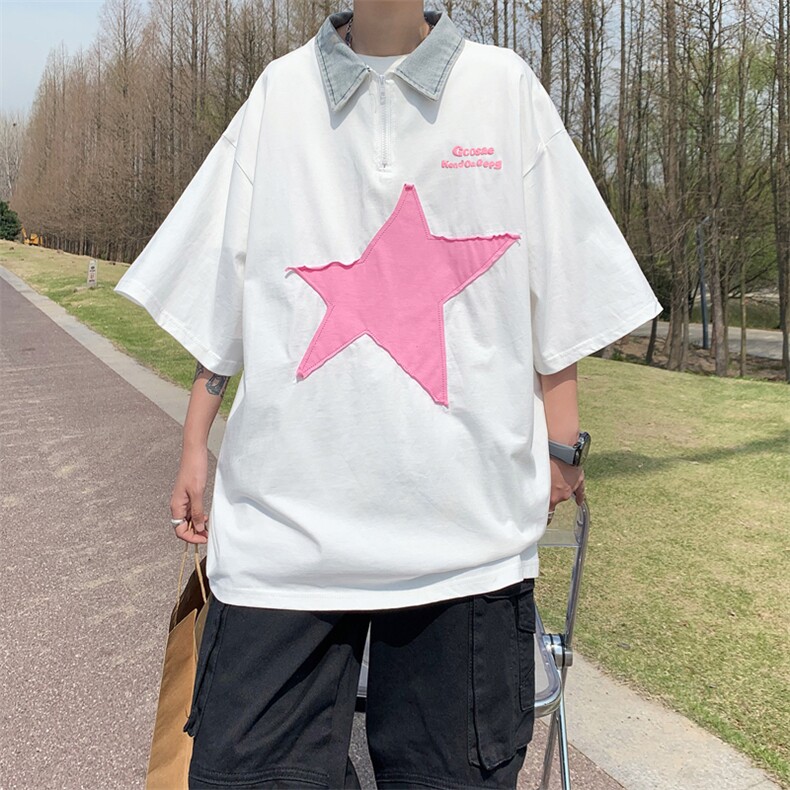 夏季新款港风美式几何通铺刺绣牛仔POLO领短袖T恤ins男ZX440-P28,男装T恤,星座313A(原308A-2)